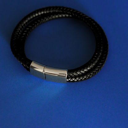 ACUIR genuine leather braided bracelet in black with stainless steel clasp 